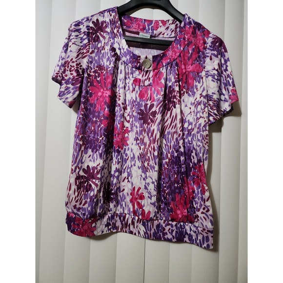 Pink Coconut Boutique Tops - Vintage Haband Shirt Floral Iridescent Button Pink Purple 70s 80s Hippie Large